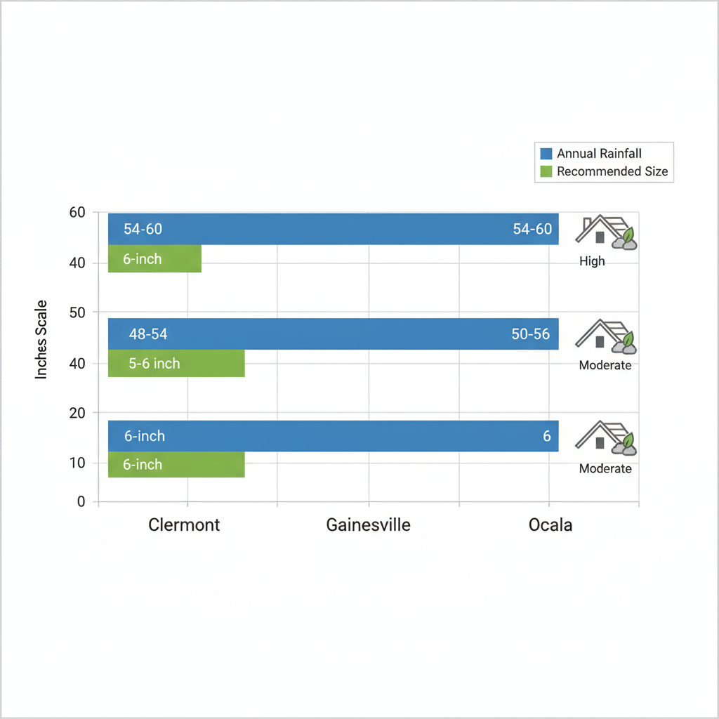 Bar chart of rainfall amounts, recommended gutter sizes, roof pitches, and debris challenges in Clermont, Gainesville, and Ocala