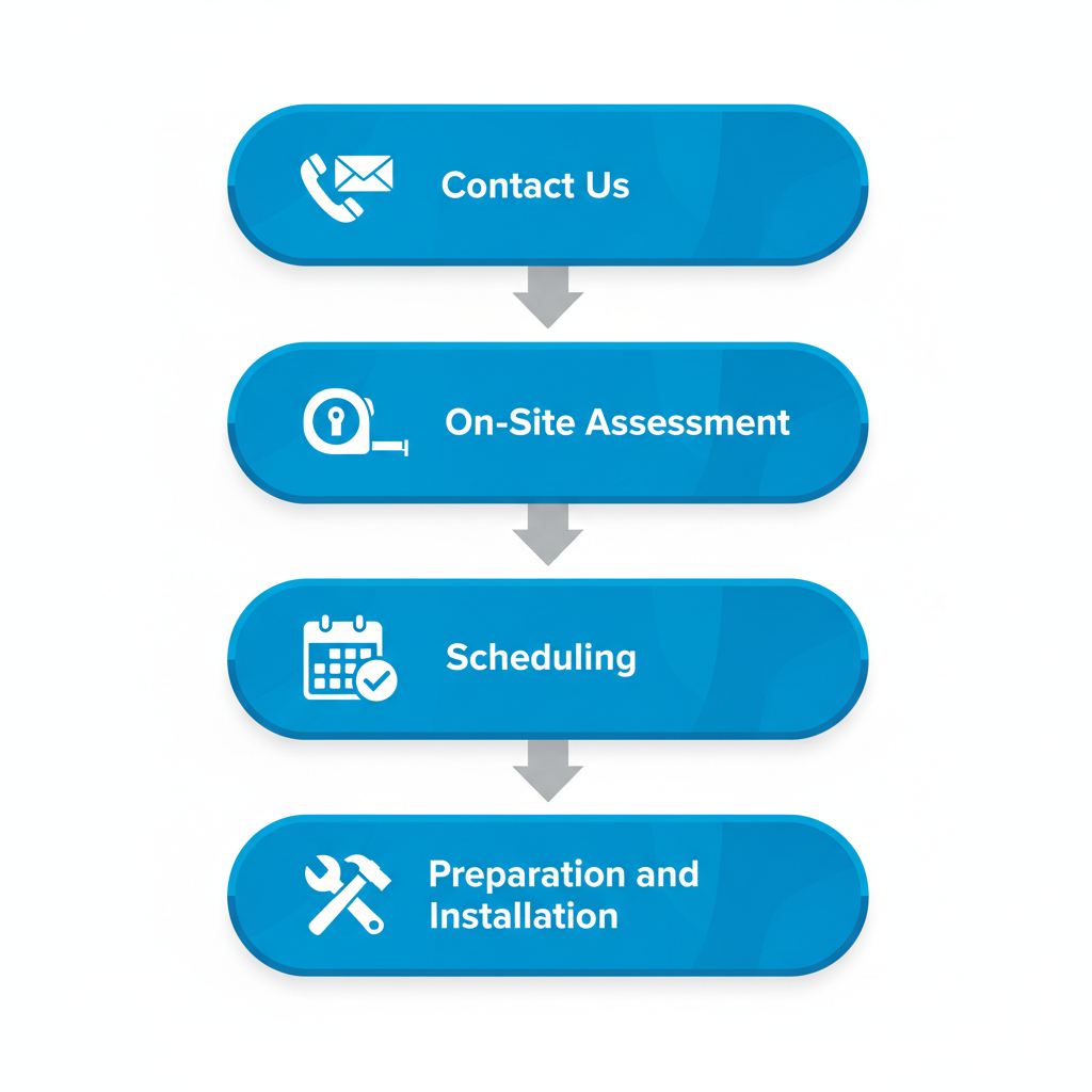 Vertical diagram illustrating four key steps to begin a gutter project: contact via phone or email, on-site assessment, scheduling, and preparation with installation tools.