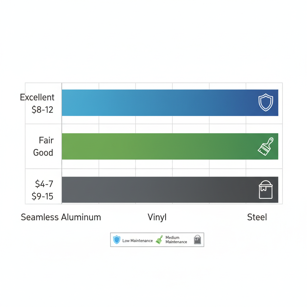 Horizontal bar chart comparing durability ratings and costs of seamless aluminum, vinyl, and steel gutters for Clermont, Florida conditions.