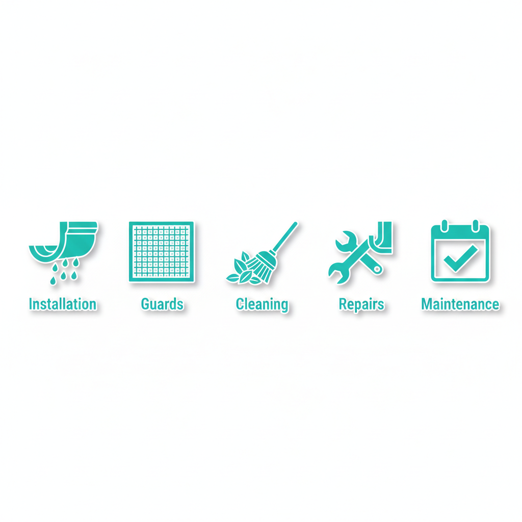 Set of five icons depicting gutter services: installation, guards, cleaning, repairs, and maintenance in flat teal style.