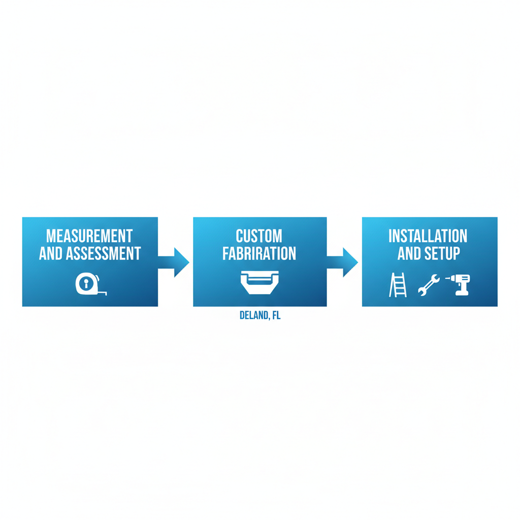 Horizontal process flow diagram for seamless gutter installation services with three steps: measurement, fabrication, and installation.
