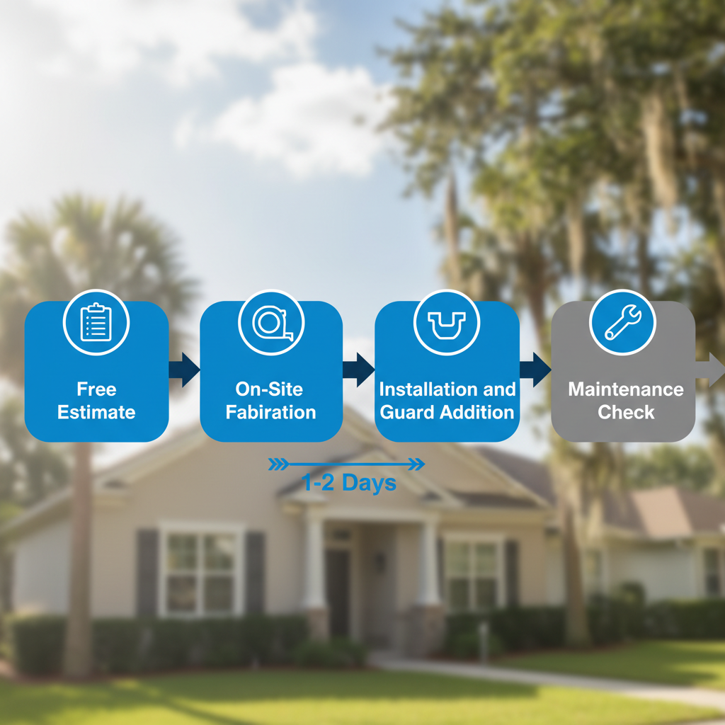 Horizontal process flow diagram depicting seamless gutter services in DeLand, Florida with four stages including icons for estimate, fabrication, installation, and maintenance