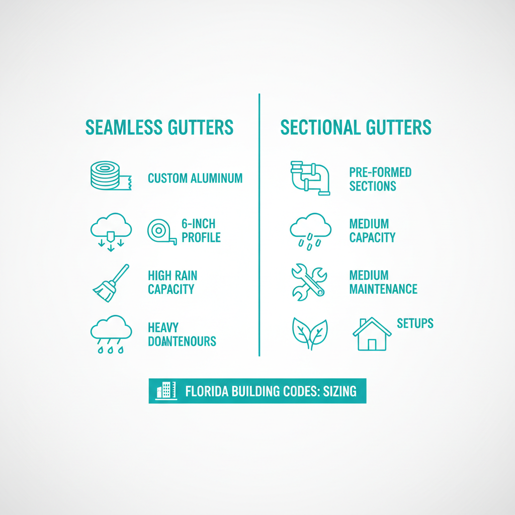 Infographic comparing seamless and sectional gutters suitable for Lady Lake homes, highlighting features and Florida code compliance.