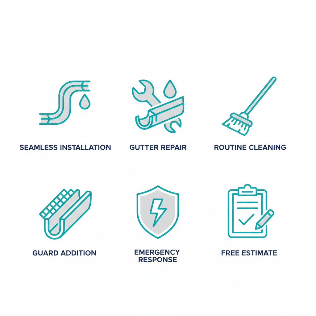 Grid of icons representing gutter services: installation, repair, cleaning, guards, emergency, and estimates.