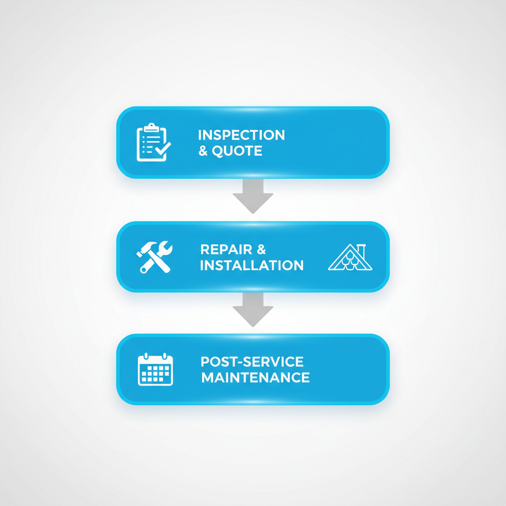 Vertical process flow diagram of three stages in professional roofing services: inspection and quote, repair and installation, post-service maintenance, with icons and arrows.