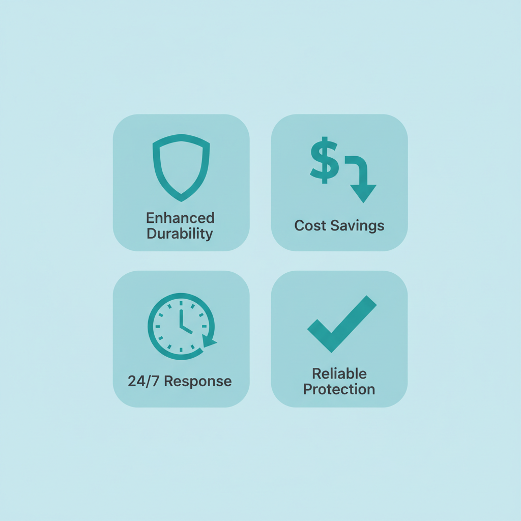 Grid of four icons illustrating benefits of professional roofing: durability shield, cost savings dollar, emergency clock, protection checkmark