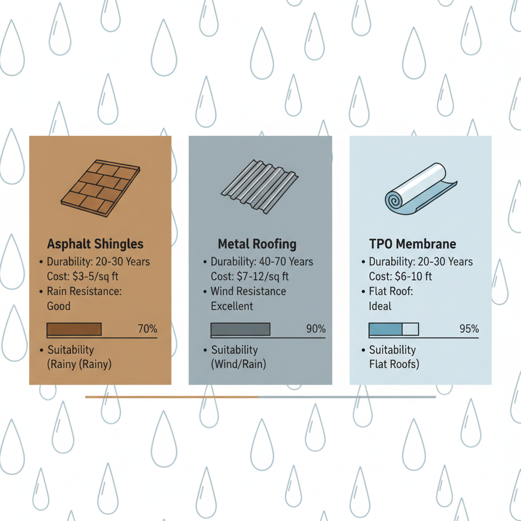 Infographic comparing asphalt shingles, metal roofing, and TPO membrane for Surrey new construction with metrics on durability, cost, and climate suitability