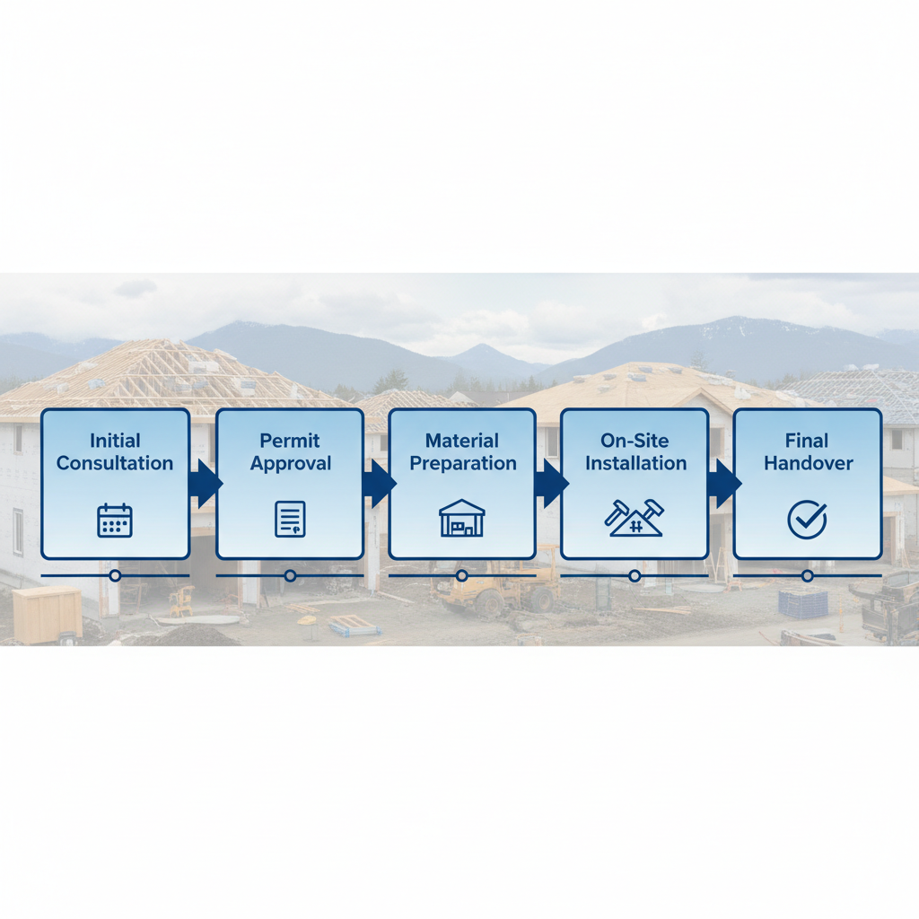 Horizontal process flow diagram illustrating five stages of roof installation for new homes in Surrey, with icons and timeline notes.