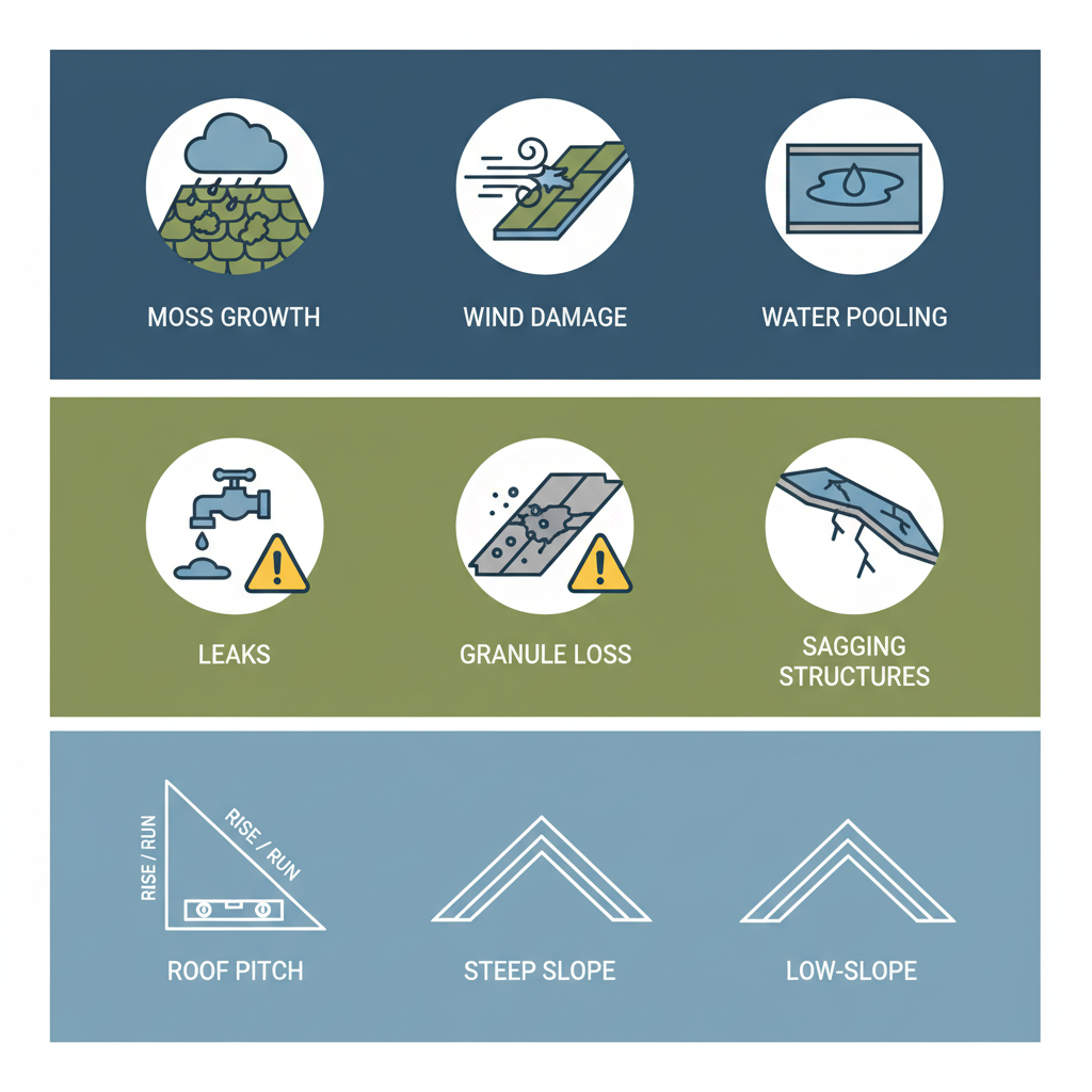 Infographic showing common roofing challenges, assessment signs, and roof pitch measurement in Surrey, BC, using green and blue tones.