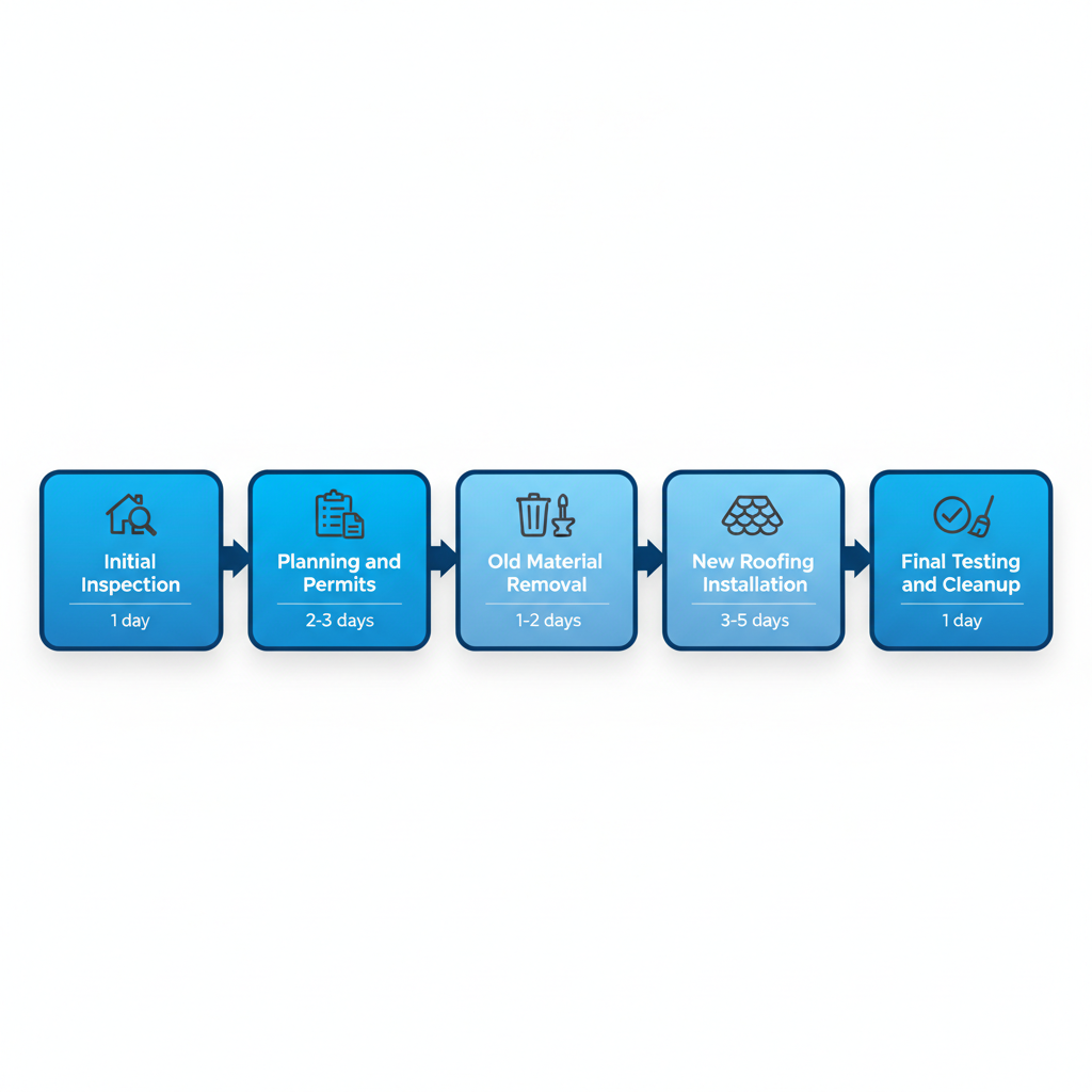 Horizontal process flow diagram illustrating the five stages of a typical roofing project in Surrey, British Columbia: inspection, planning, removal, installation, and cleanup.