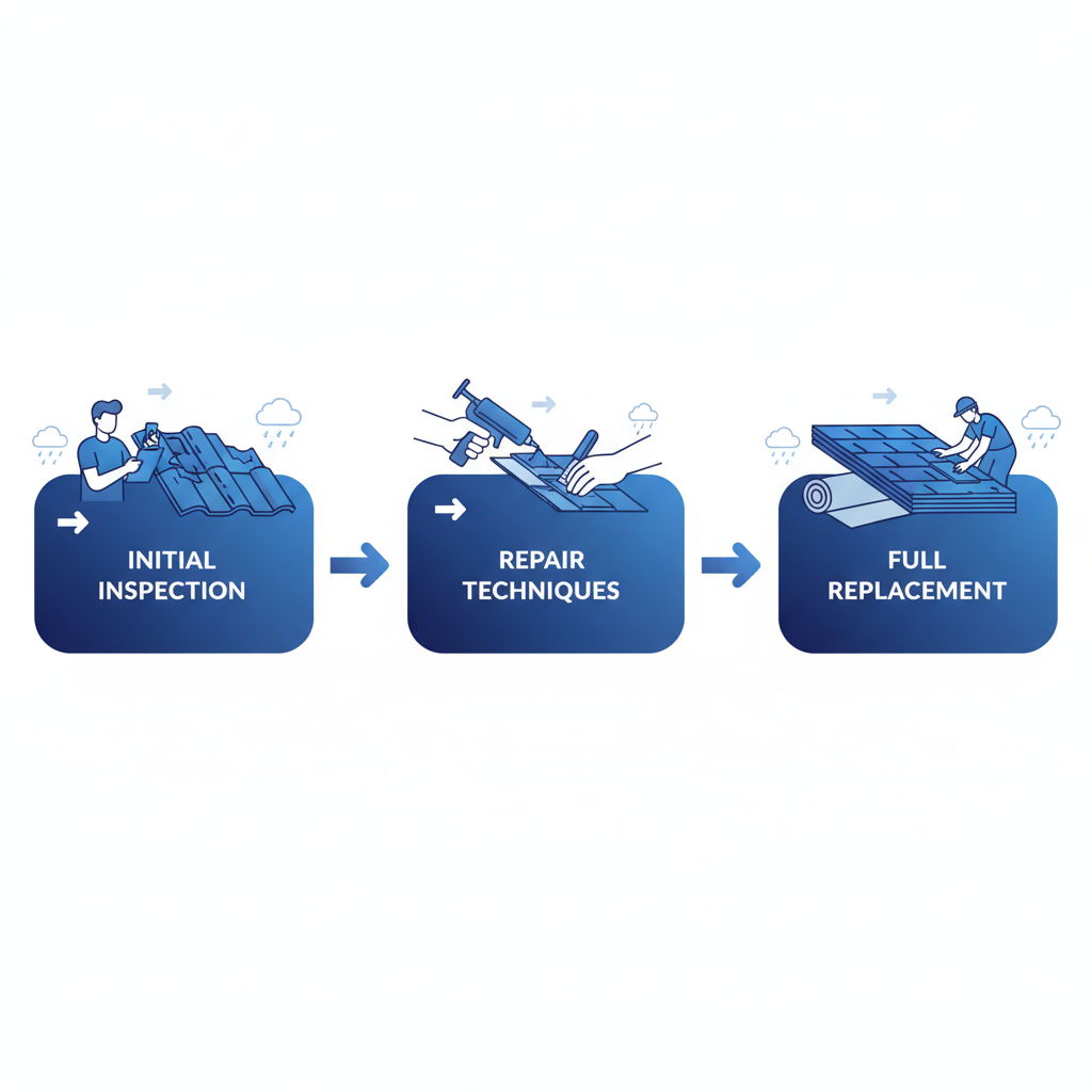 Horizontal process flow diagram illustrating the three key stages of roof repair and replacement in Surrey: initial inspection, repair techniques, and full replacement.