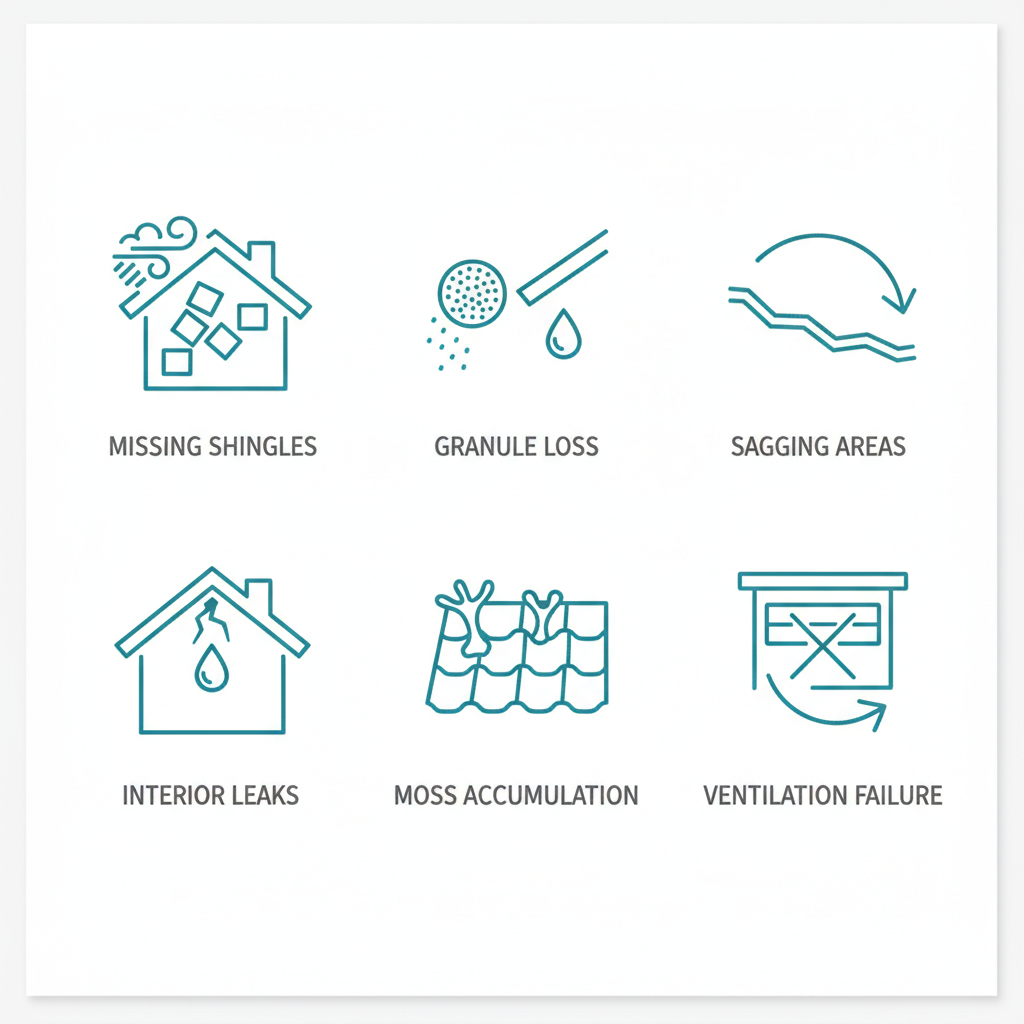 Icon grid depicting common roofing issues in Surrey with labels: missing shingles, granule loss, sagging areas, interior leaks, moss accumulation, ventilation failure.