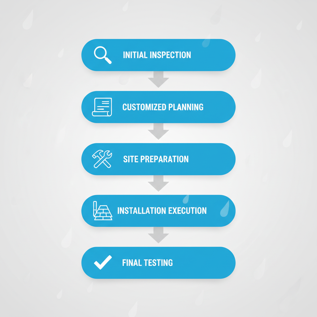Vertical process flow diagram of five stages in roofing services: inspection, planning, preparation, installation, and testing.
