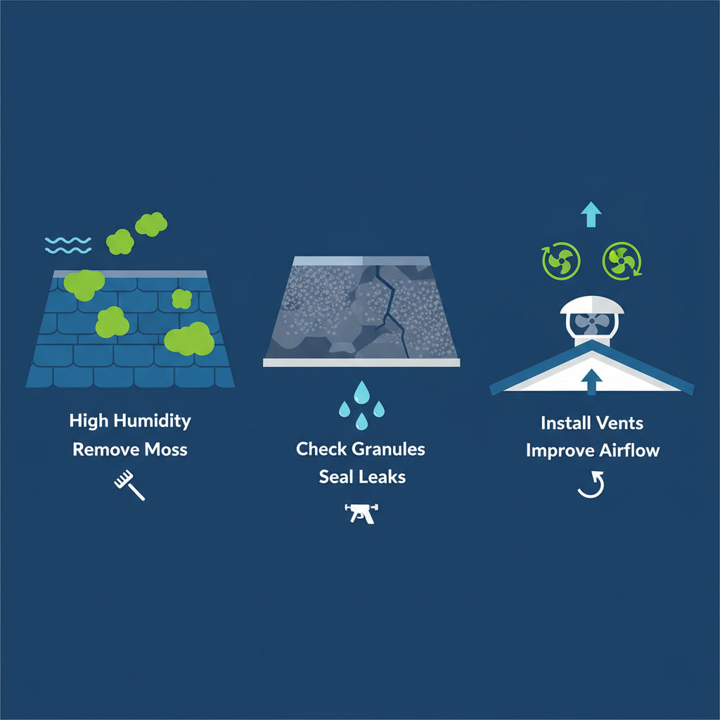 Infographic depicting moss growth, roof leaks, and ventilation issues in Delta's rainy climate with icons and brief solution labels
