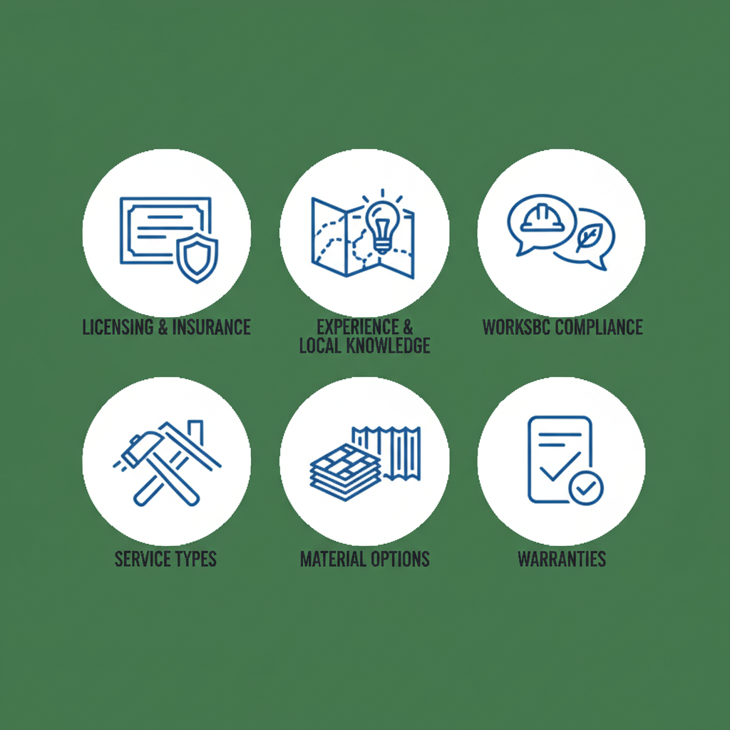 Icon grid illustrating key factors to consider when hiring roofing companies in Burnaby, including licensing, experience, services, materials, and warranties.