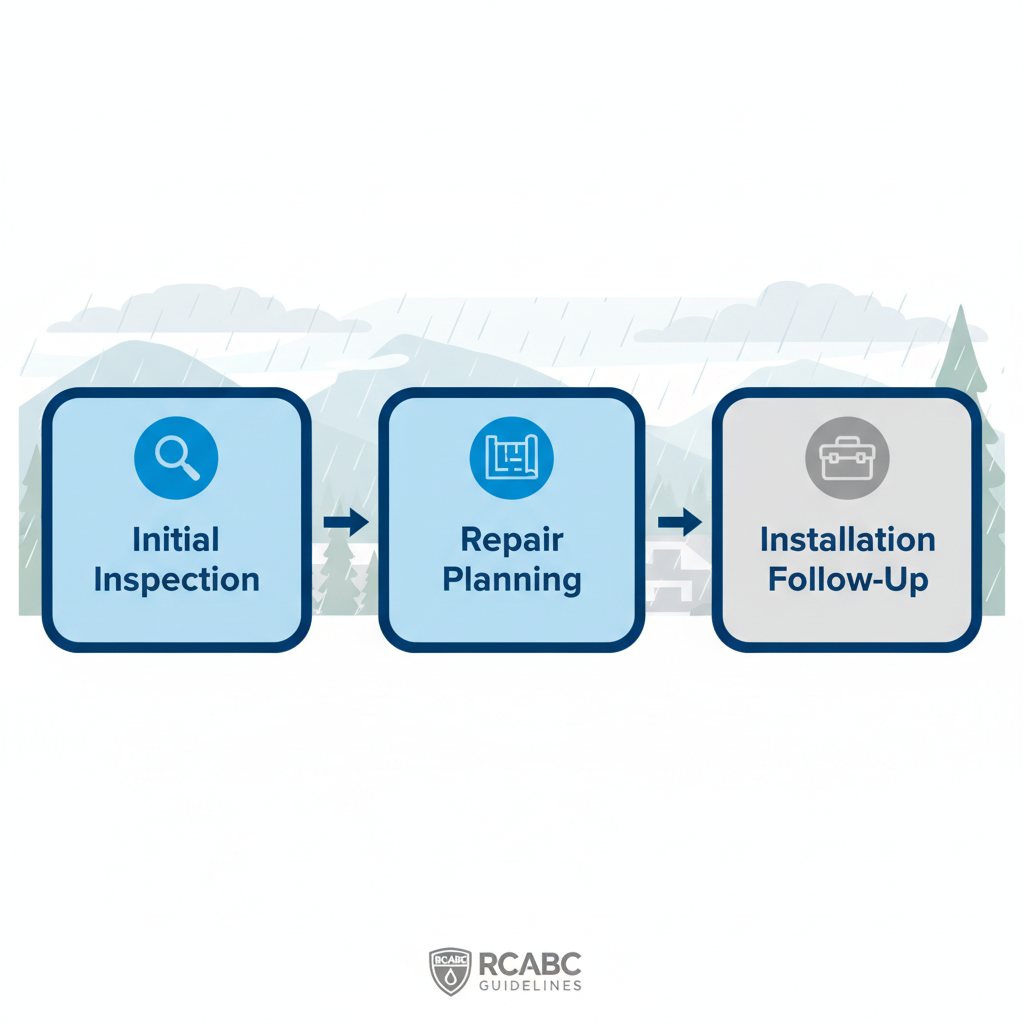 Horizontal process flow diagram illustrating three stages of roofing services in Burnaby: inspection, planning, and installation.