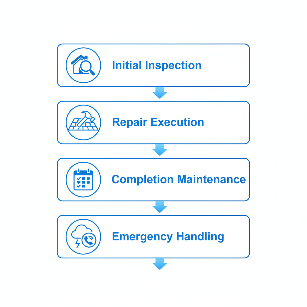 Vertical process flow diagram showing four stages of roofing services: inspection, repair, completion, and emergency handling with icons and blue arrows.