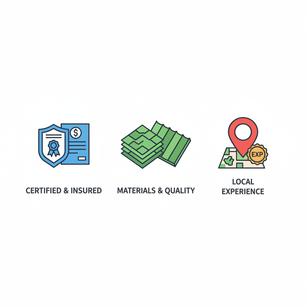 Horizontal grid of three icons illustrating key criteria for choosing roofers in Delta, BC: licensing shield, material stacks, and local map badge.