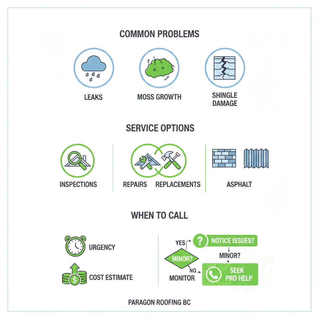 Infographic illustrating steps to assess roofing requirements in Burnaby, featuring common issues, service options, and professional help indicators.
