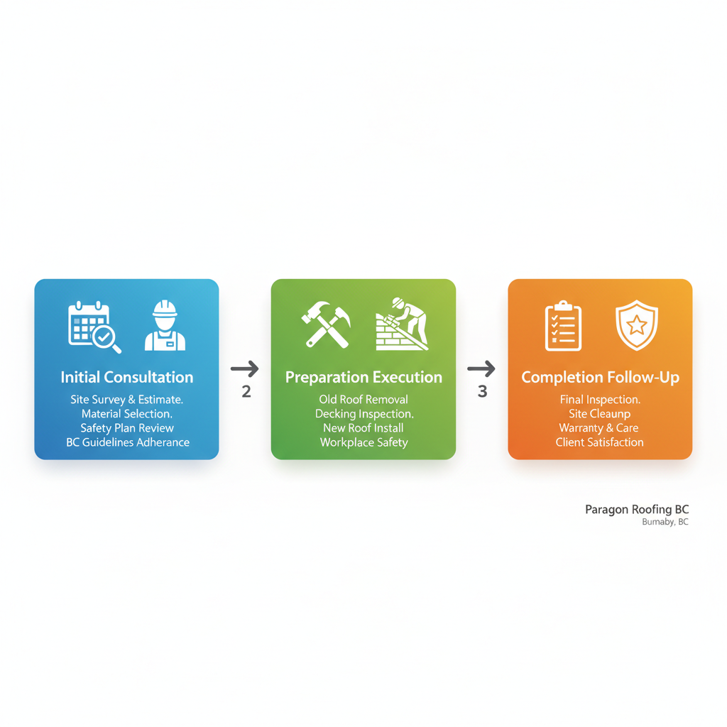 Horizontal process flow diagram illustrating the three main stages of a roofing project in Burnaby: initial consultation and inspection, preparation and execution, and completion with follow-up, featuring icons and gradient colors.