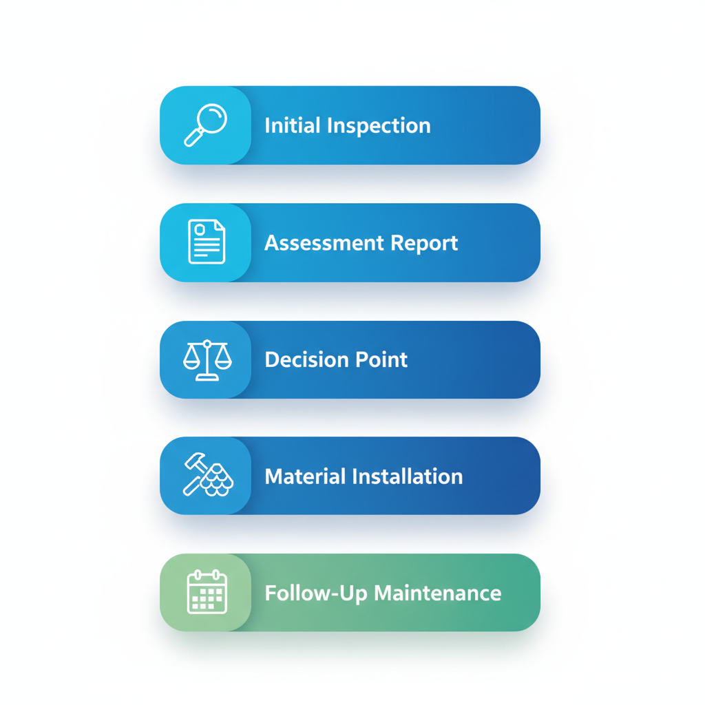 Vertical process flow diagram of five key stages in roof repair and replacement: inspection, assessment, decision, installation, and maintenance.