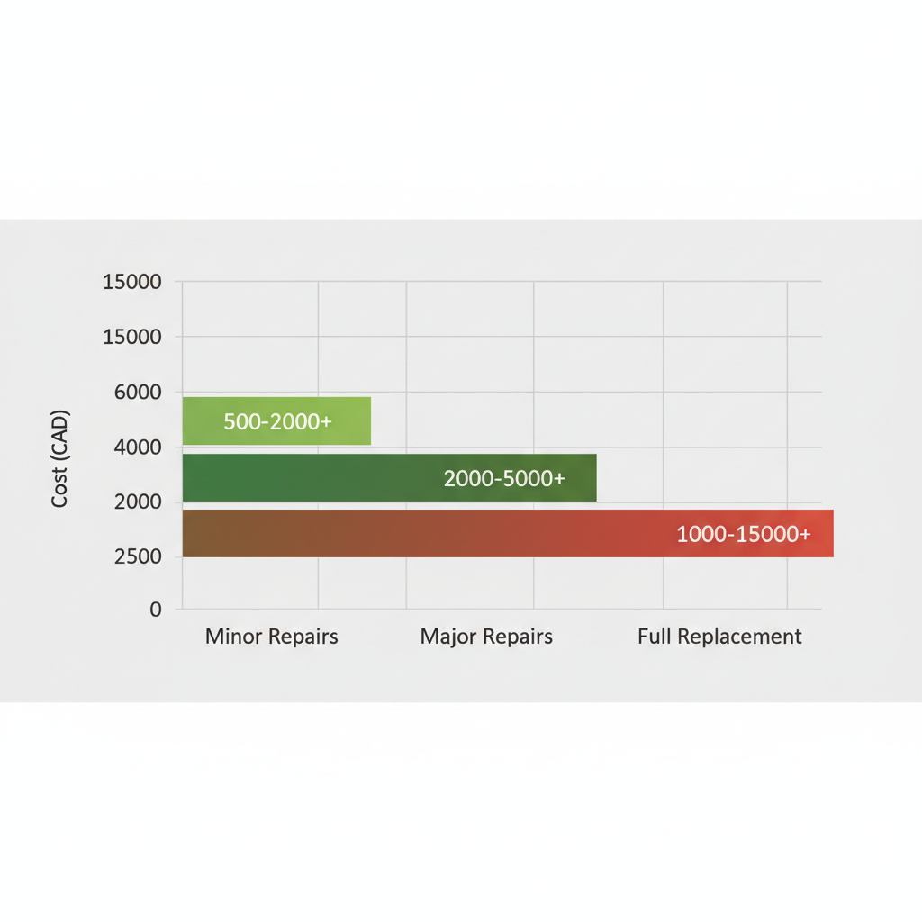Horizontal bar chart comparing average costs for minor repairs, major repairs, and full roof replacement in Burnaby, British Columbia.