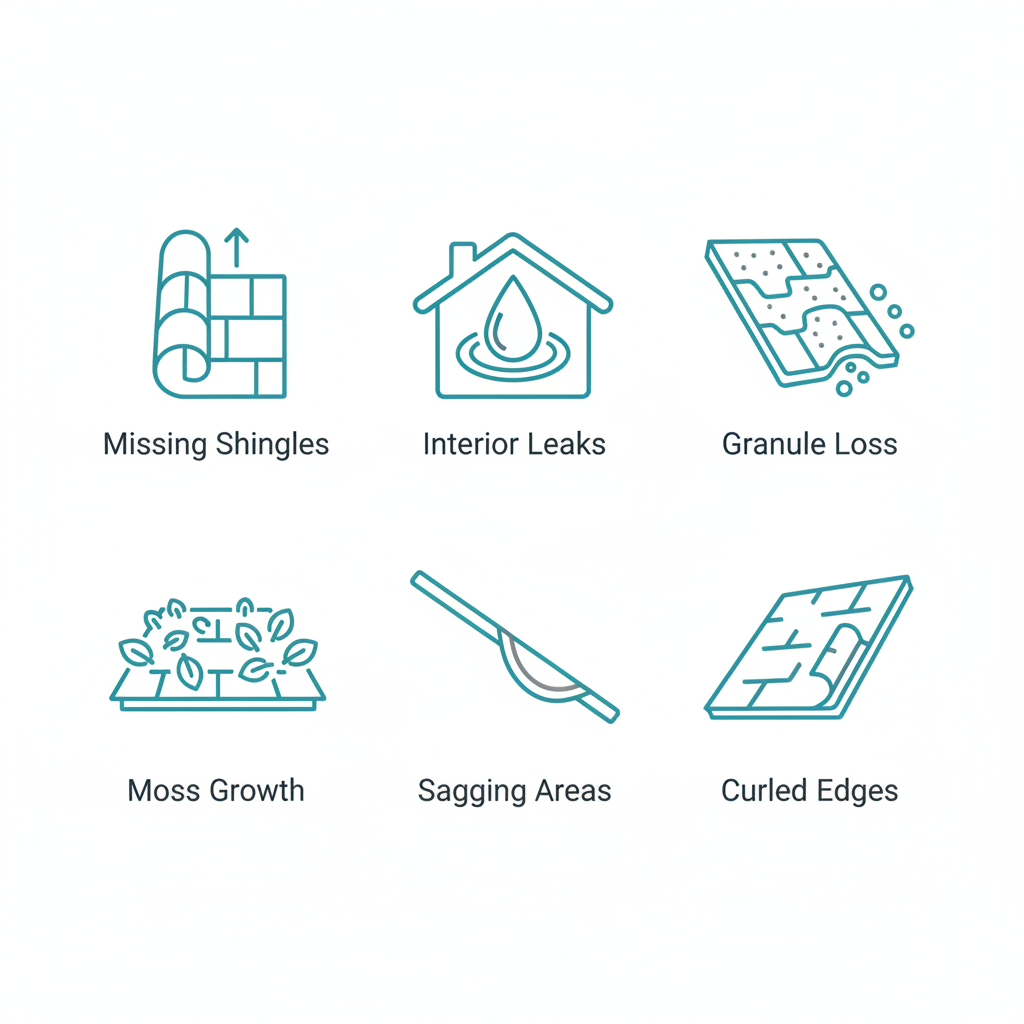 Grid of icons showing common roof damage signs including missing shingles, leaks, granule loss, moss, sagging, and curled edges.