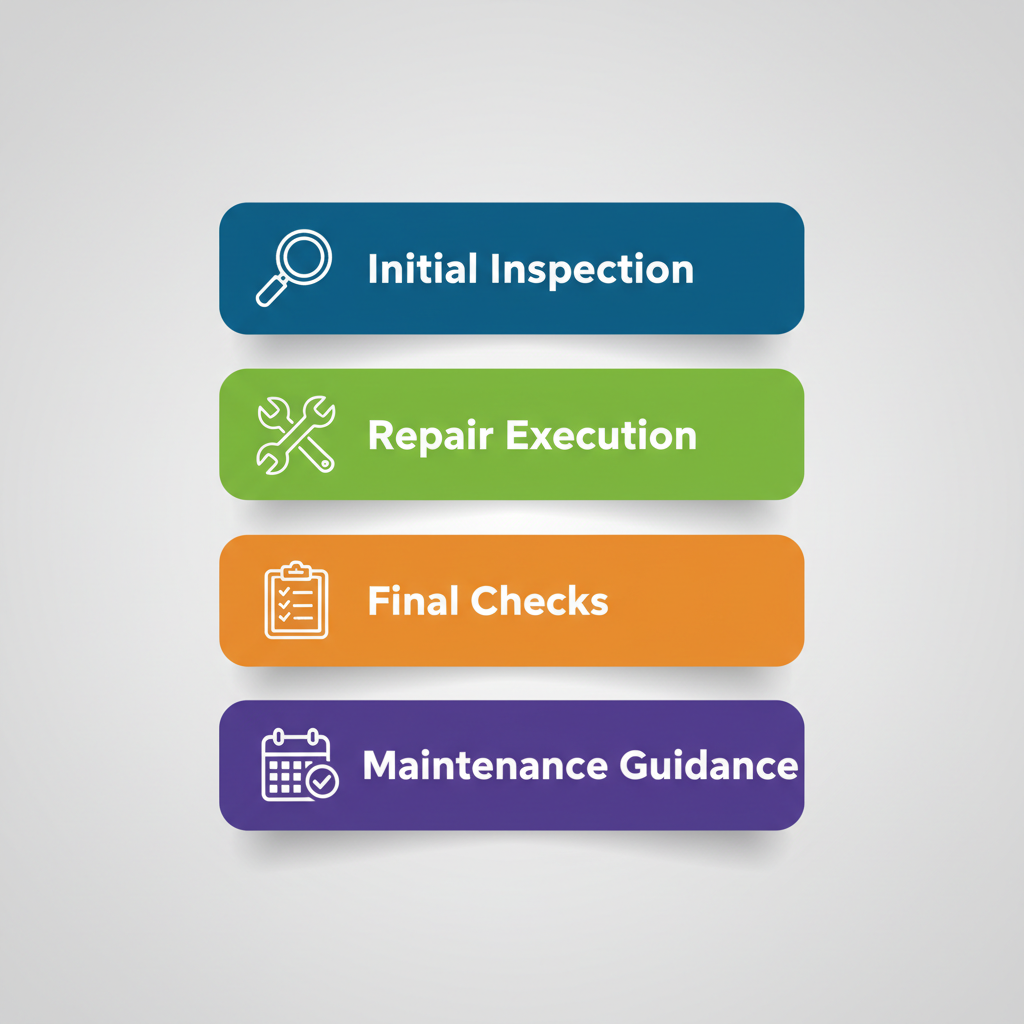 Vertical process flow illustrating four key stages of roofing: initial inspection, repair execution, final checks, and maintenance guidance with icons and colored boxes.