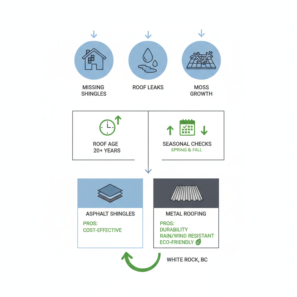 Infographic illustrating signs of roof damage, inspection triggers, and roofing material comparisons for White Rock