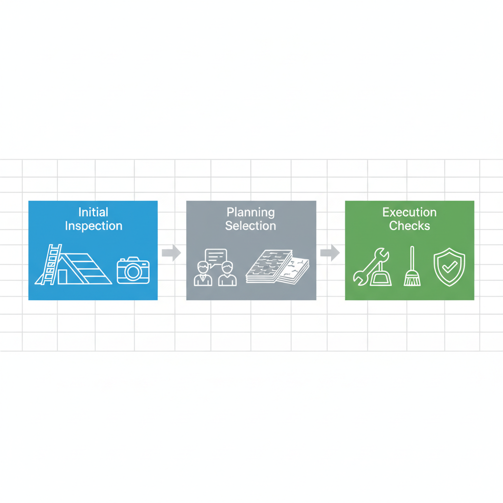 Horizontal process flow diagram showing three stages of roofing: initial inspection with ladder and reports, planning with material samples, and execution with tools and warranty.