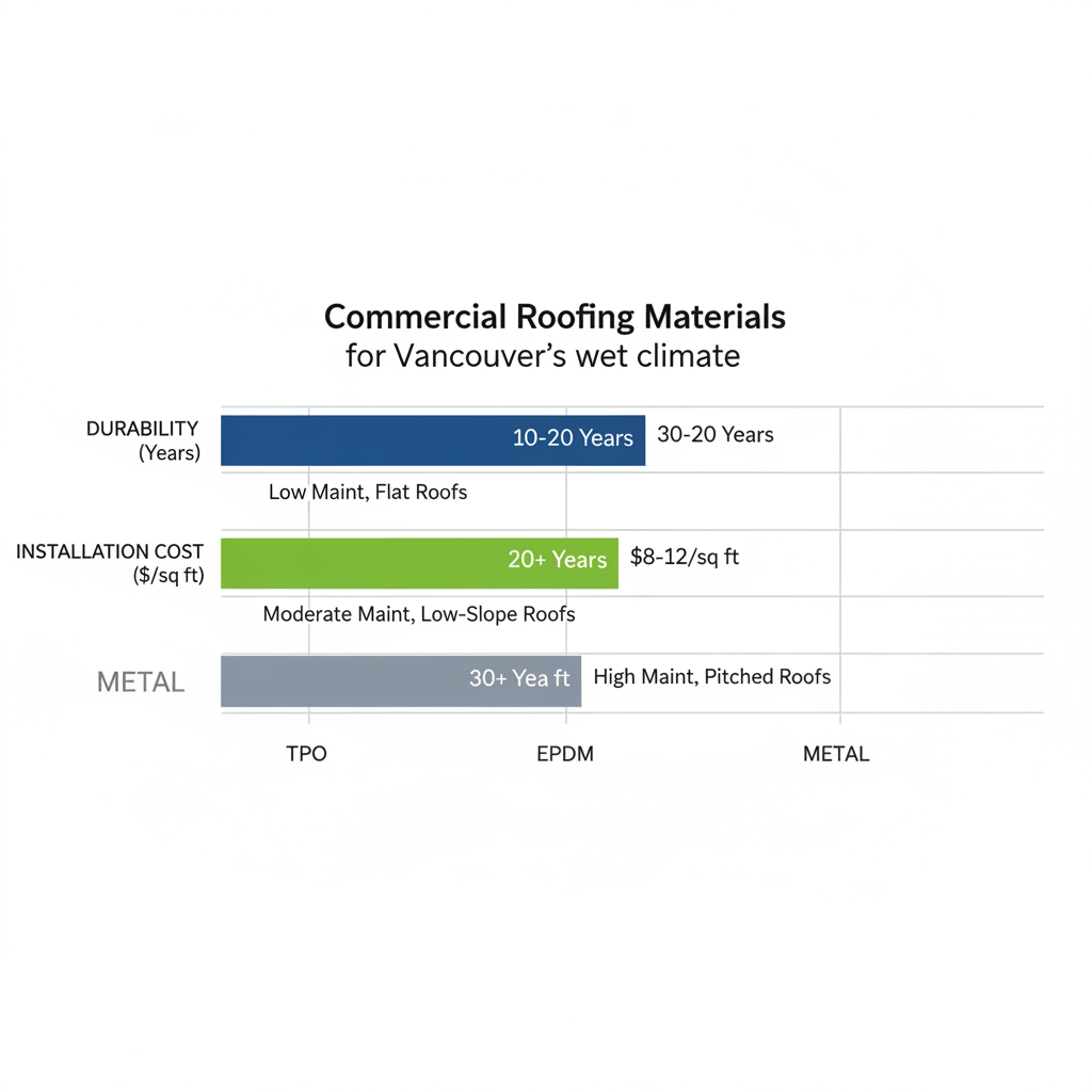 Horizontal bar chart comparing durability and cost of TPO, EPDM, and Metal roofing materials for Vancouver commercial properties