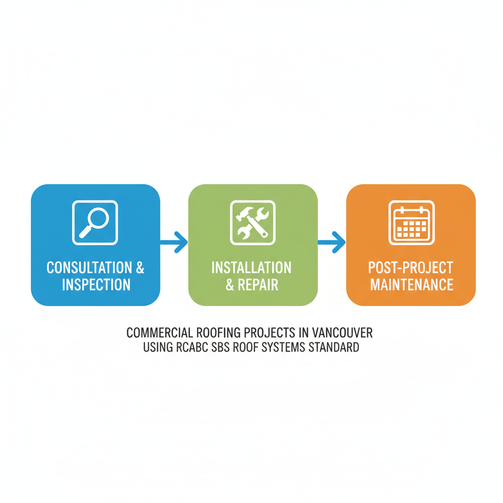 Horizontal process flow illustrating three stages of commercial roofing projects in Vancouver: consultation and inspection, installation and repair, post-project maintenance with icons.
