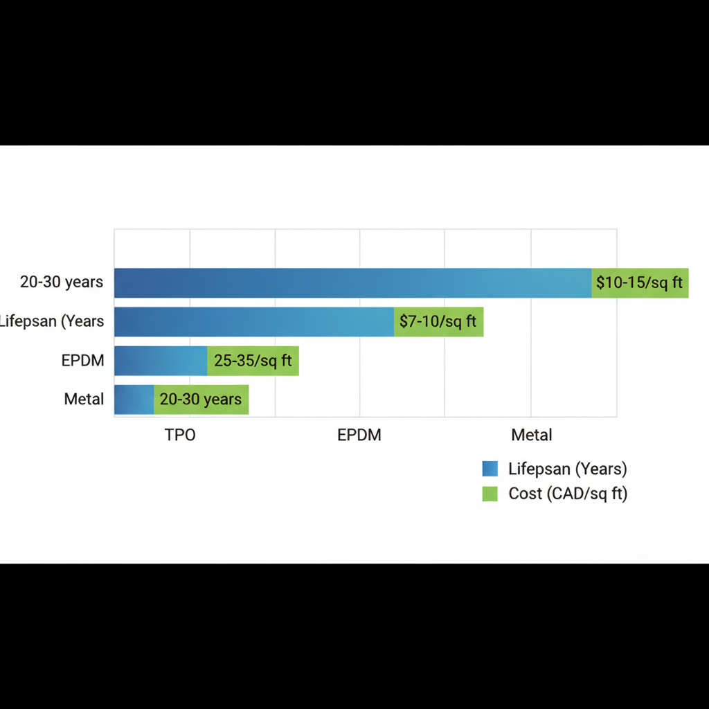 Horizontal bar chart comparing lifespan and costs of TPO, EPDM, and Metal commercial roofing systems in Vancouver