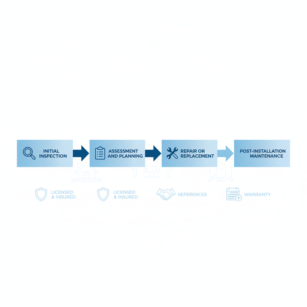 Horizontal process flow diagram illustrating the four stages of commercial roofing: initial inspection, assessment and planning, repair or replacement execution, and post-installation maintenance.