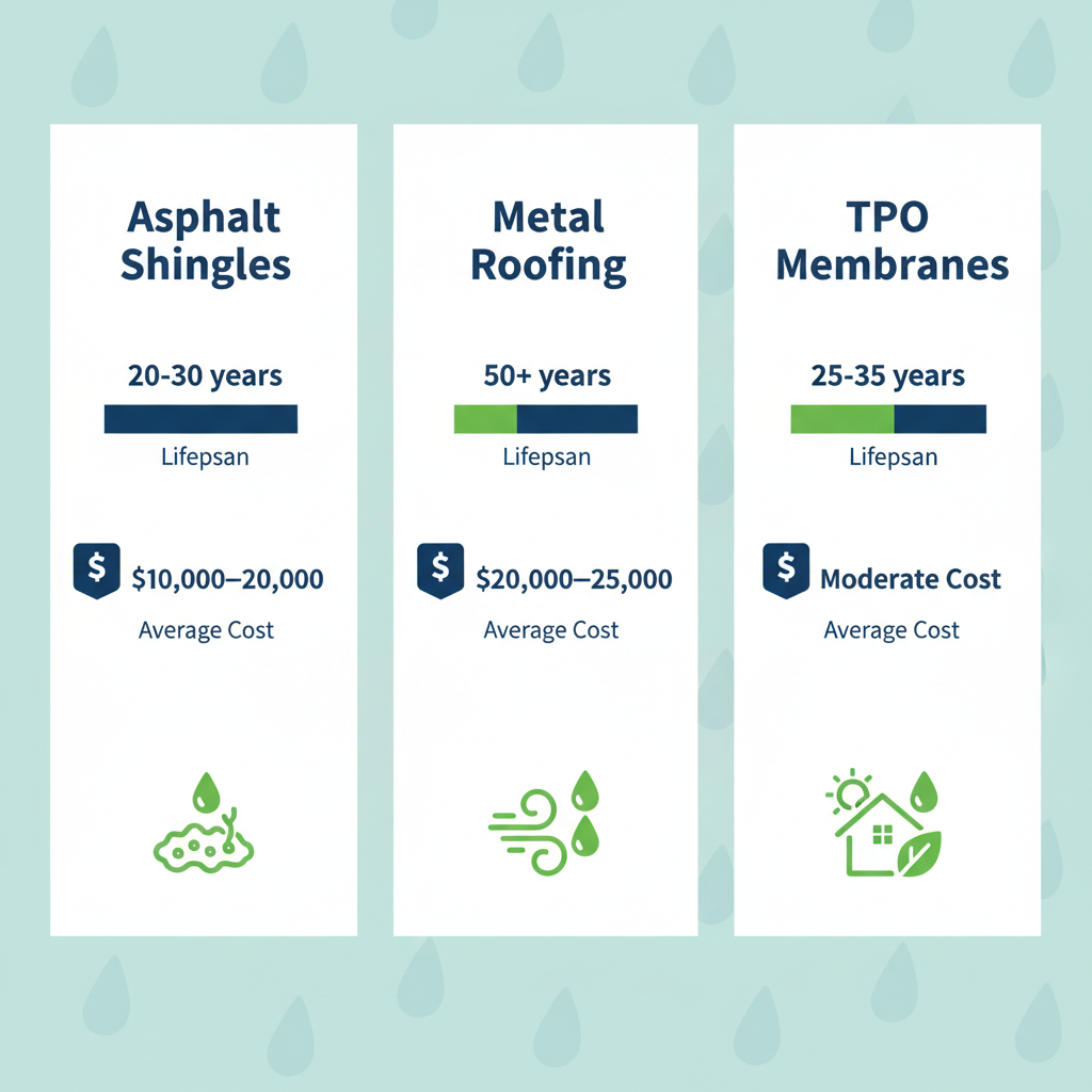 Infographic comparing Asphalt Shingles, Metal Roofing, and TPO Membranes for Vancouver's climate with lifespans, costs, and weather icons.