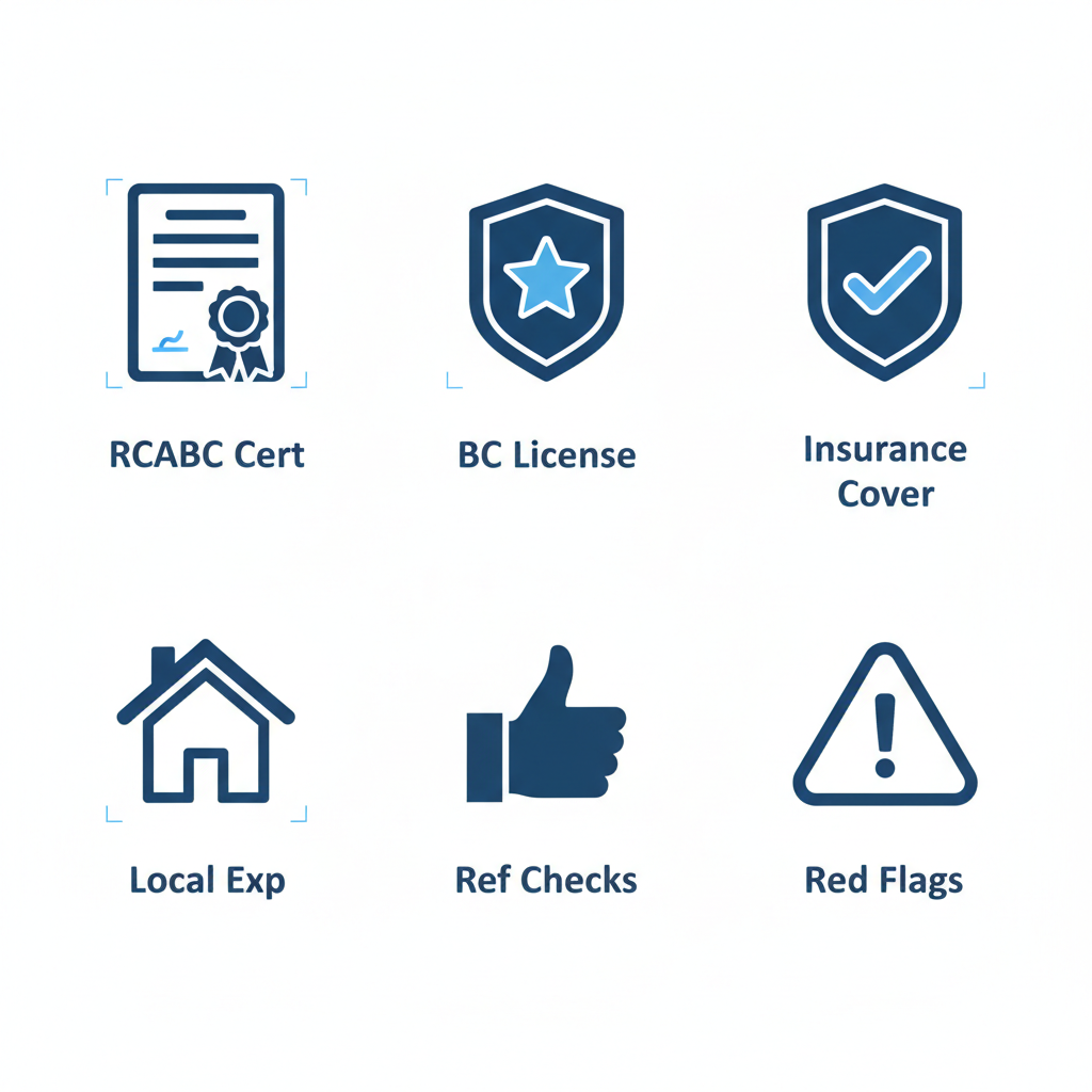 Grid of six flat blue icons depicting key roofing qualifications in Vancouver: certification, licensing, insurance, experience, references, and red flags with short labels.