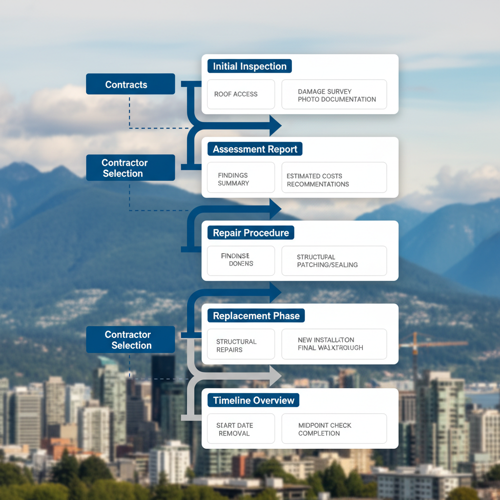 Vertical process flow diagram illustrating the steps of roofing services in Vancouver