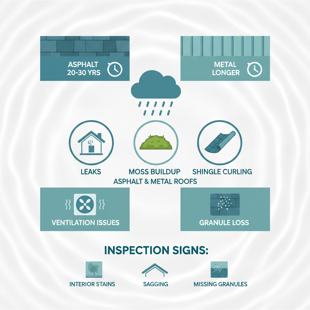 Infographic depicting roofing problems like leaks, moss, and material wear in rainy Vancouver weather, including durability metrics and warning signs.