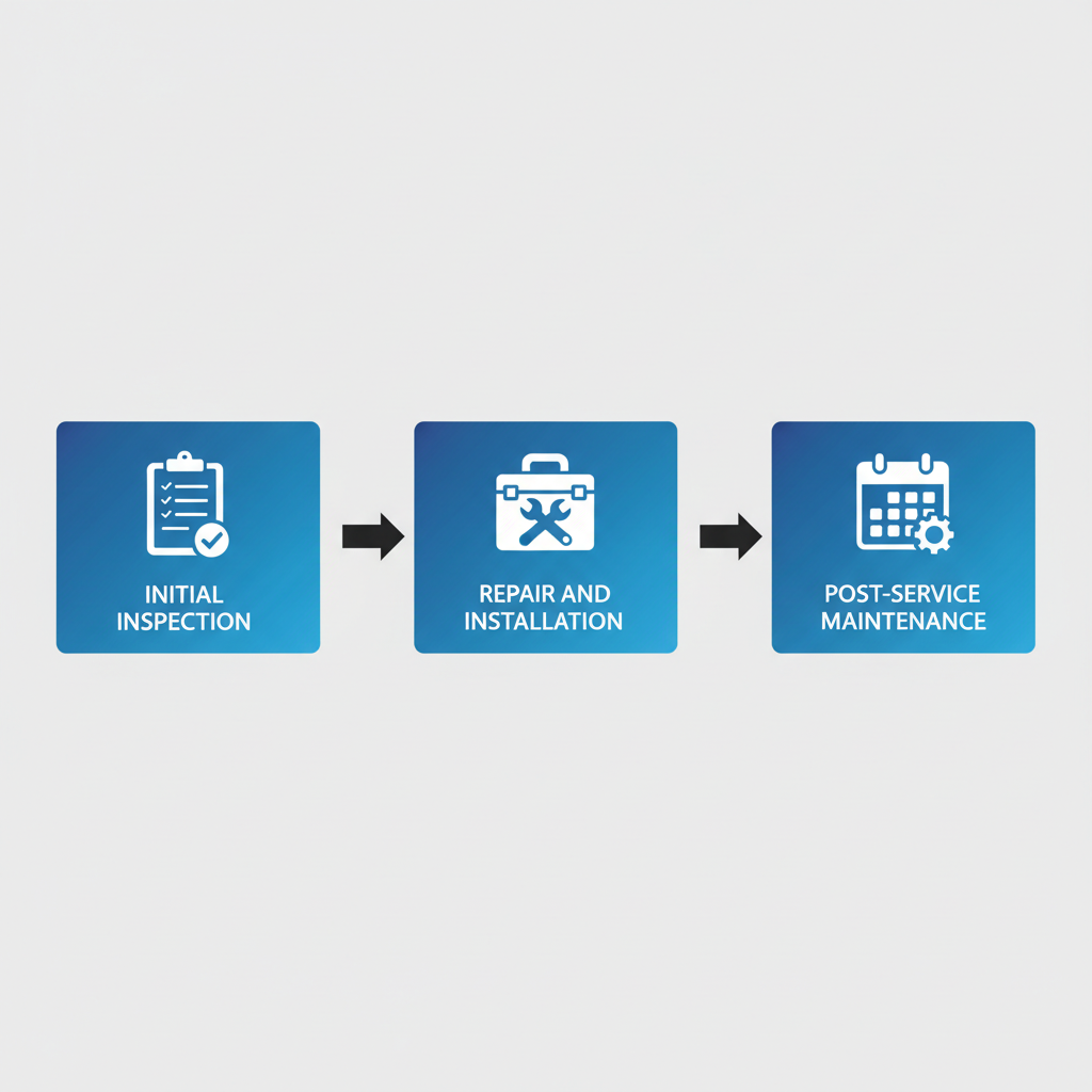 Horizontal process flow diagram showing three stages of professional roofing services in Vancouver: inspection, repair and installation, and maintenance.