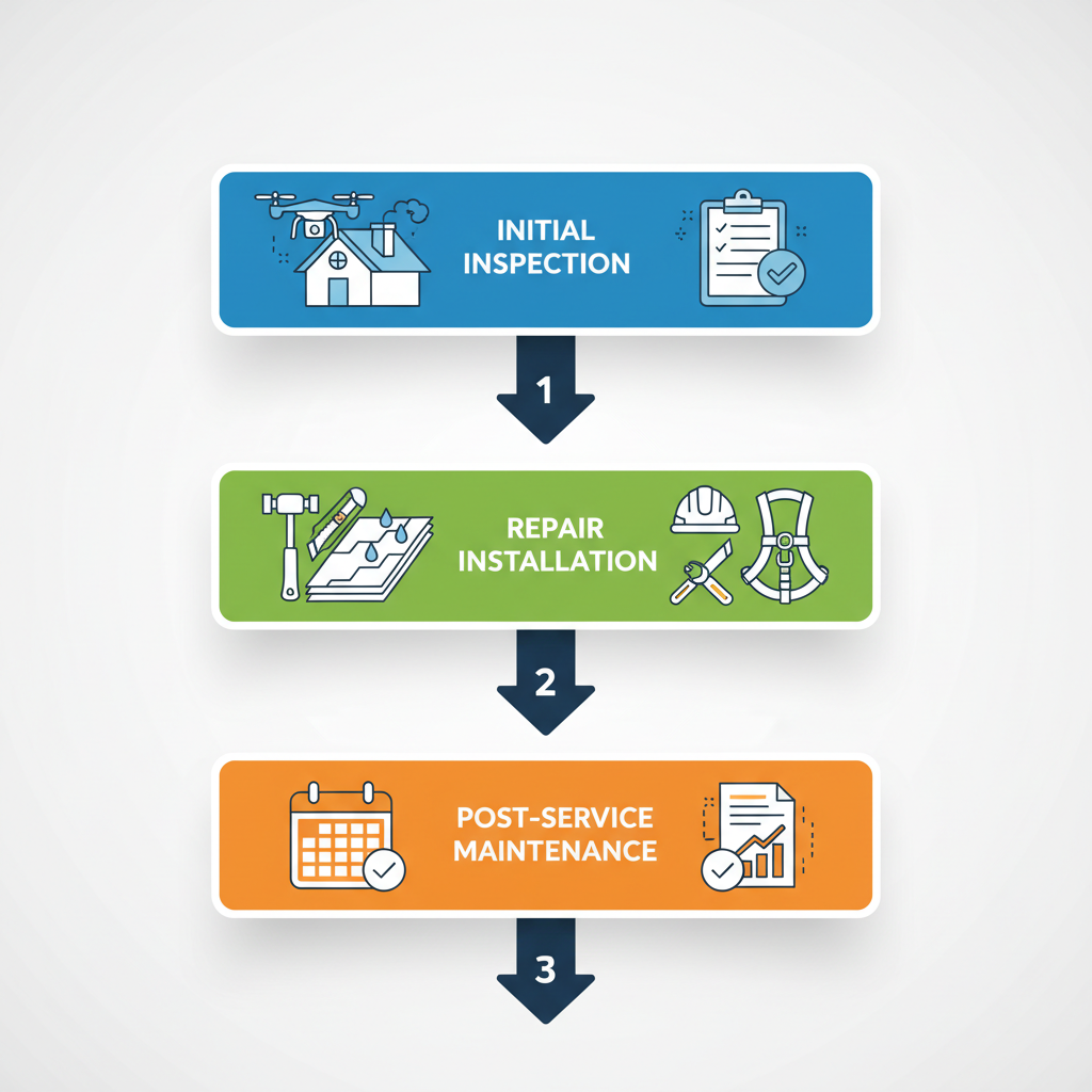 Vertical process flow diagram illustrating three key stages of professional roofing services in Vancouver: initial inspection, repair and installation, and post-service maintenance with relevant icons.