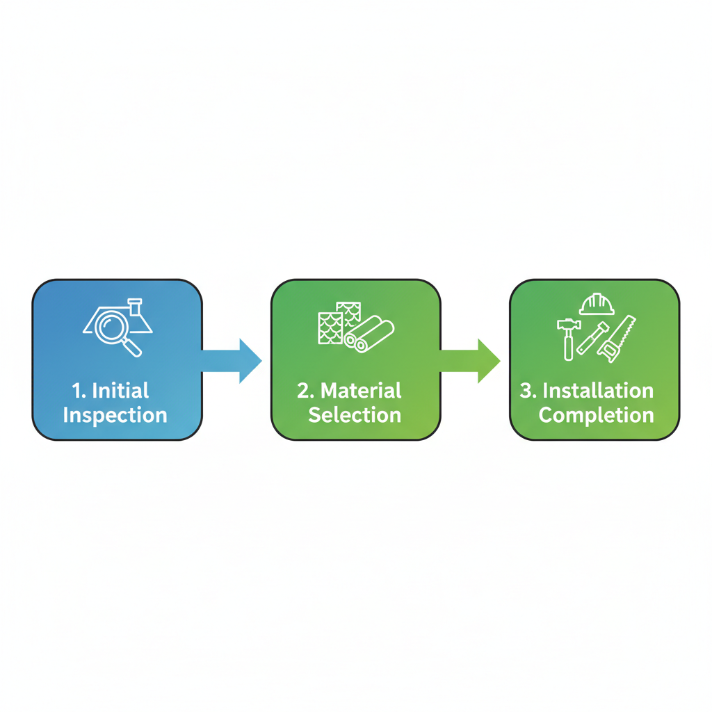 Horizontal process flow diagram showing three stages of Vancouver roofing projects: initial inspection, material selection, and installation completion.