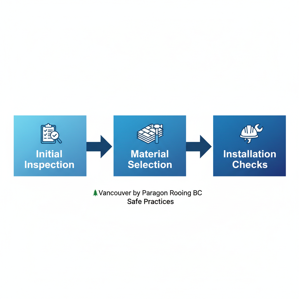 Horizontal process flow diagram illustrating three stages of safe roof replacement in Vancouver: initial inspection and planning, material selection and removal, installation and final checks.