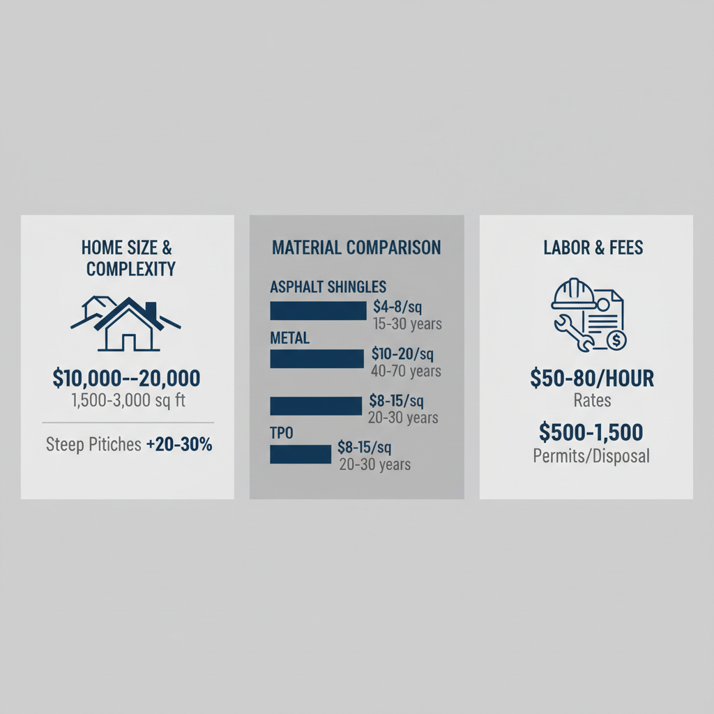 Infographic detailing factors affecting roof replacement costs in Vancouver, including home size, materials, and labor fees.
