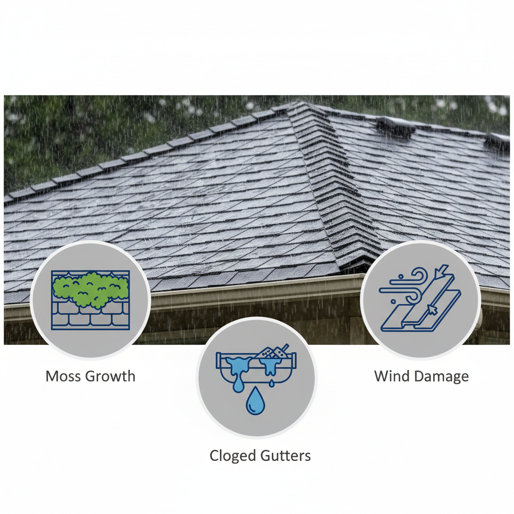 Infographic showing common Vancouver roofing problems like moss, clogged gutters, and wind damage on asphalt shingles.