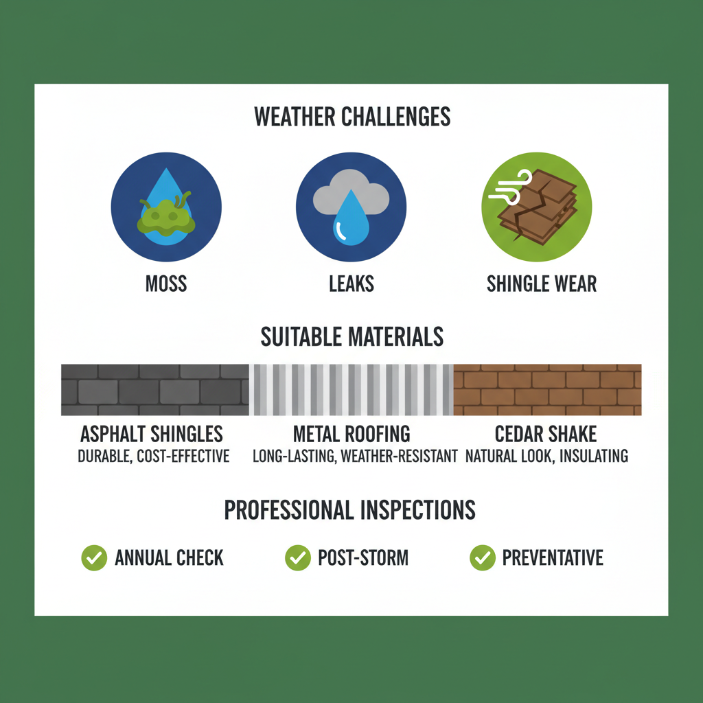 Infographic showing common Vancouver roofing issues, material options, and inspection checklist