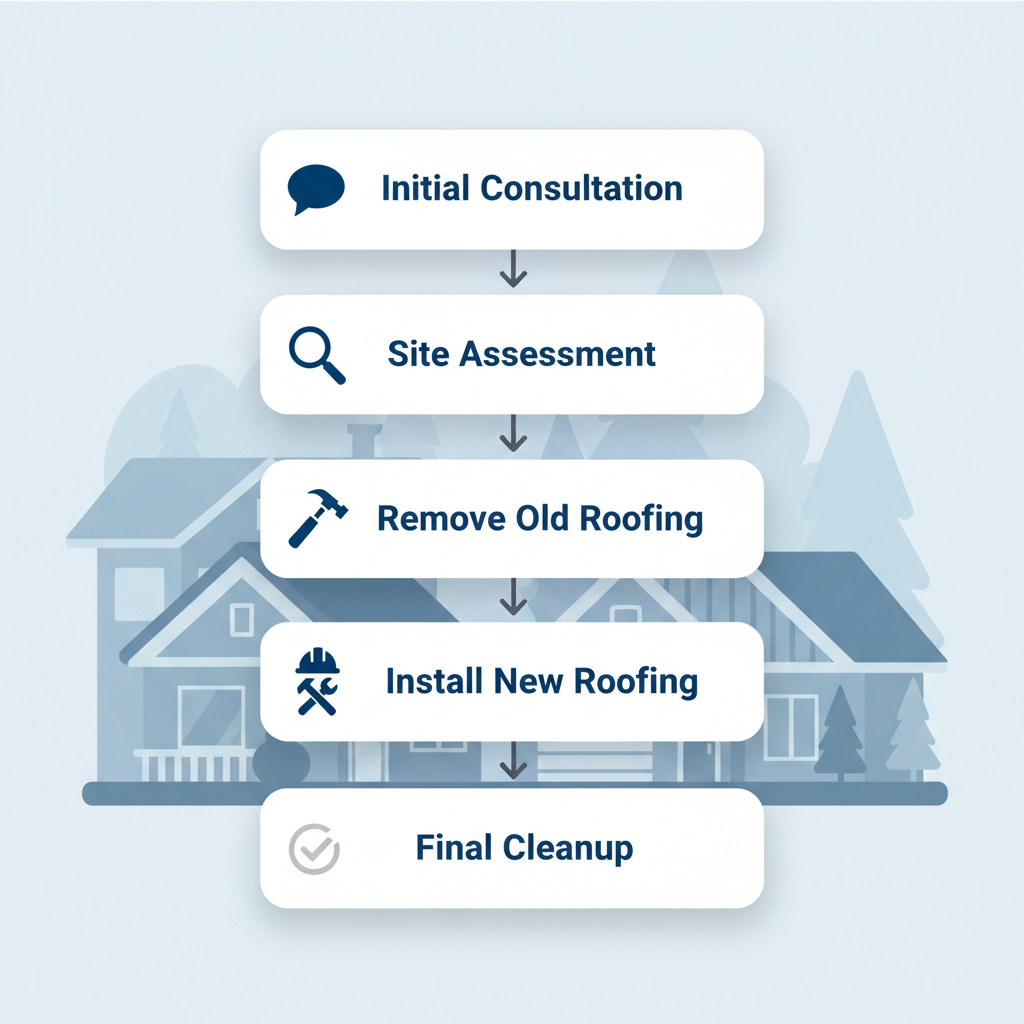Vertical process flow diagram illustrating the five stages of professional residential roofing installation in Vancouver, including icons for consultation, assessment, removal, installation, and cleanup.