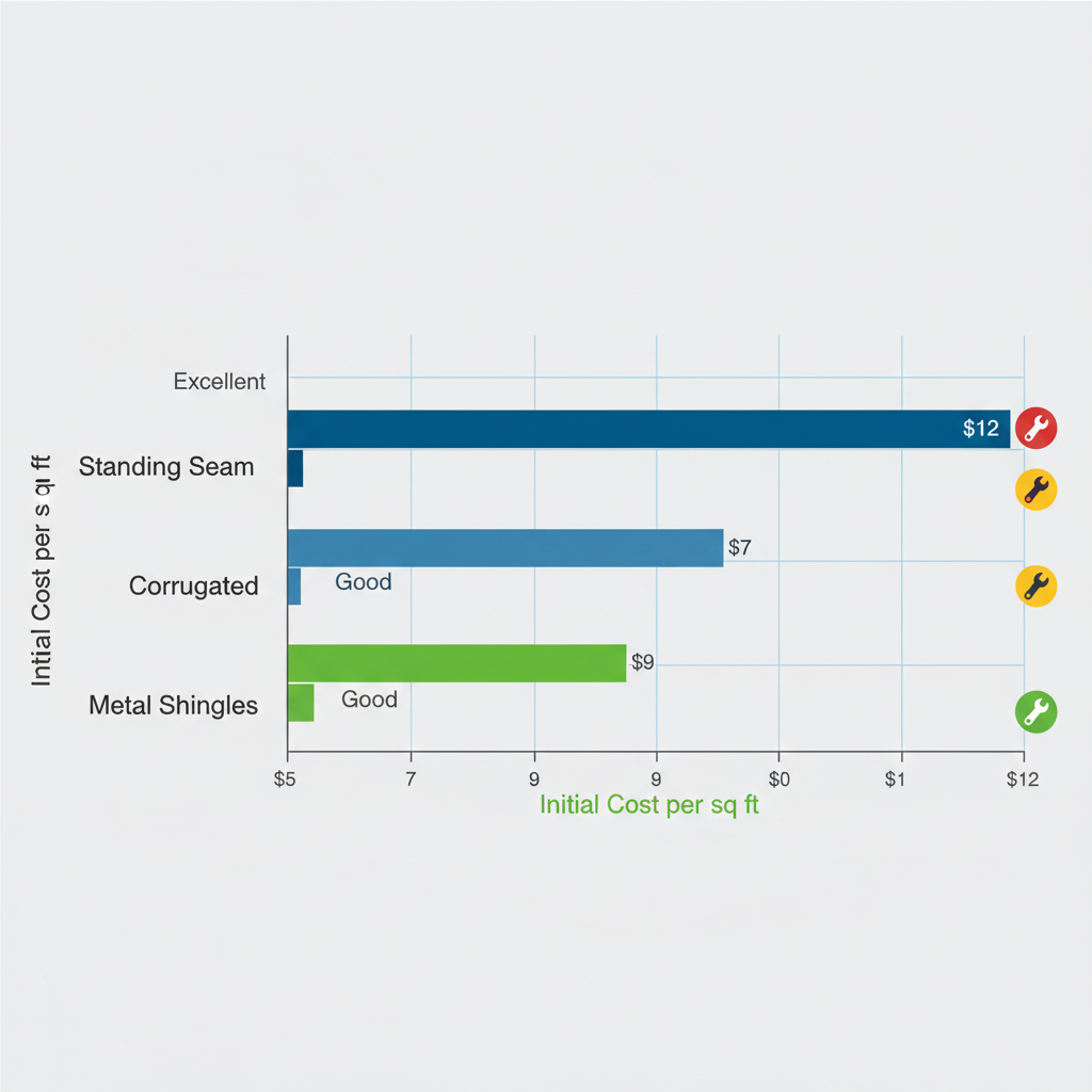 Horizontal bar chart comparing durability, cost, and installation complexity of three metal roofing materials for Vancouver's climate.