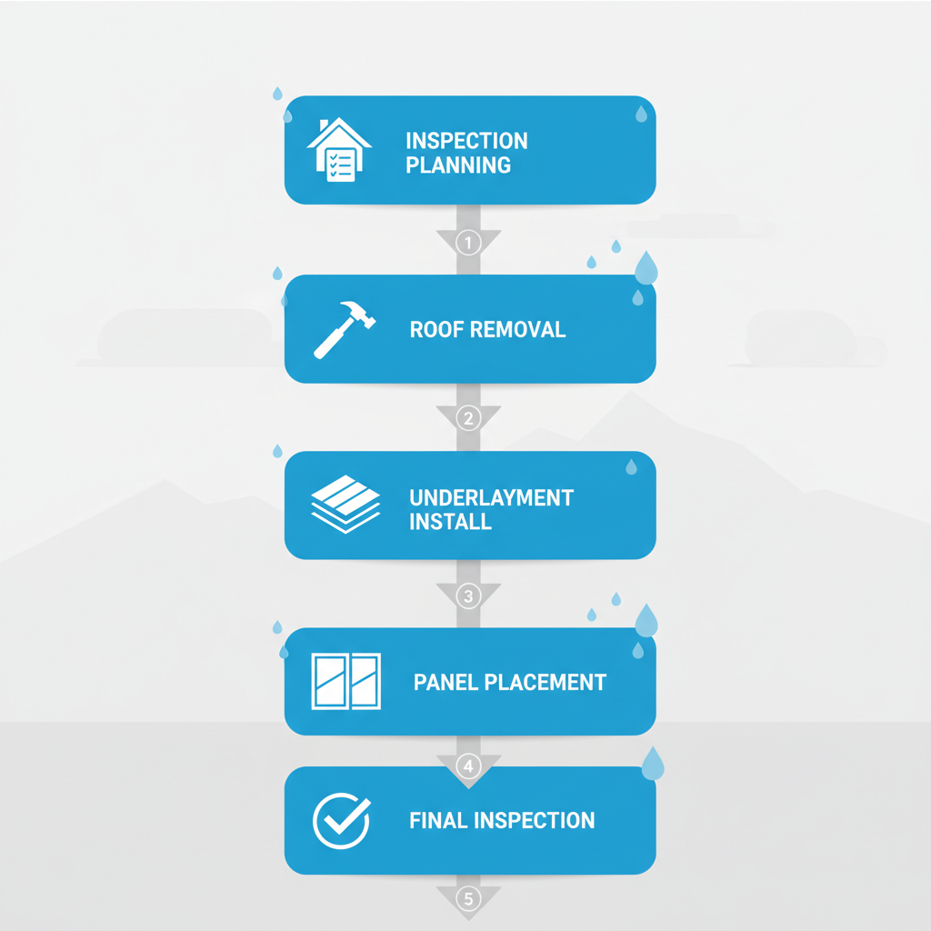 Vertical process flow diagram illustrating five stages of metal roof installation in Vancouver, from inspection to final walkthrough with icons and arrows
