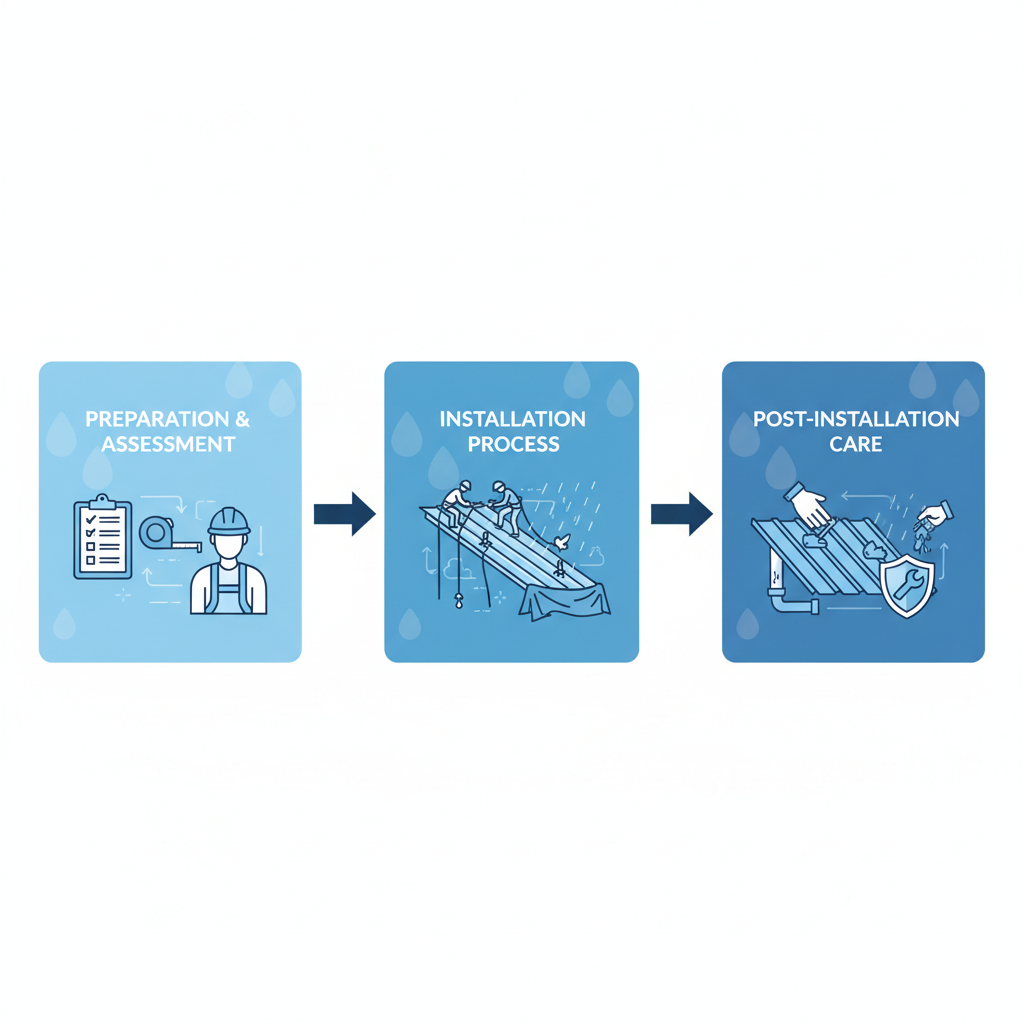 Horizontal process flow diagram showing three stages of metal roof installation in Vancouver with safety features.