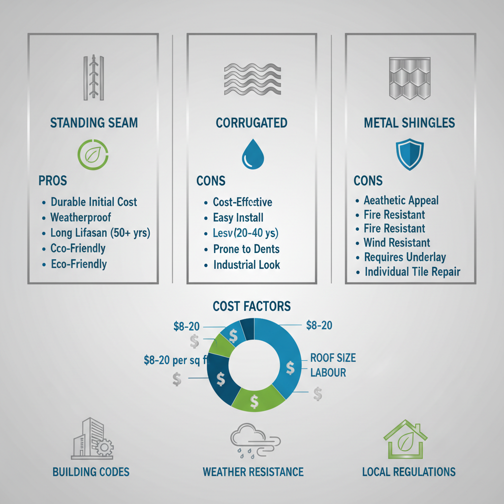 Infographic detailing metal roofing types, cost factors, and regulations for Vancouver's climate.
